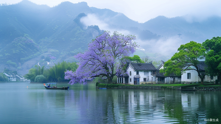 Ancient Tree and Purple Flowers in Jiangnan Water Town