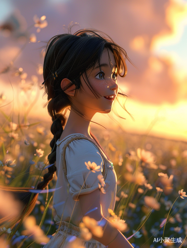 女孩黄昏花田暖秋3D全景全身镜头