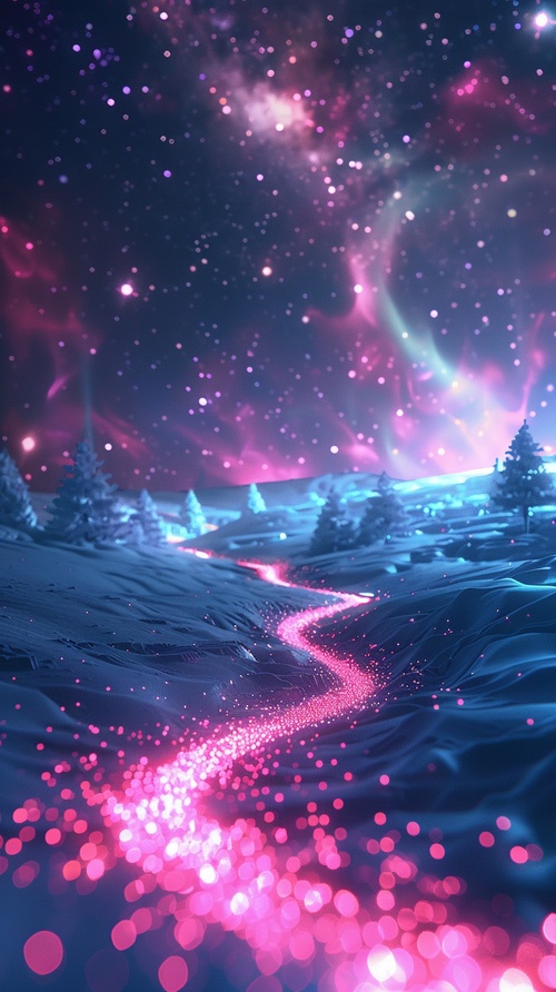 s.mj.runSiVXt9OZSL0 this is a surreal and complex cg rendering graph, night, color alternating sky intersecting each other, the sky has color alternating aurora snow scene, magnificent, luminous road, milky way, appearing small trees, starlight brilliant, sky galaxy art, high definition, starry sky, many small and colorful pink luminous particles, milky way, north pole, iceberg, fantasy, earth heavy flat snow high, 16k, complex detail, ultra wide angle, panoramic photography, landscape photography, real pho