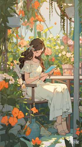 夏日小院美女插画高清线条简约远景