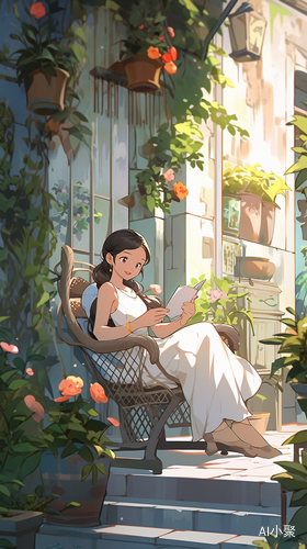 夏日小院美女插画高清线条简约远景