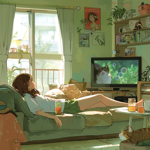 A girl lying on the sofa watching TV, with food and drinks next to her. There is an anime style cartoon scene in the background of home decoration. A cat is sleeping beside her. The scene is in the style of Hayao Miyazaki anime, with high definition details and delicate colors. The light green living room provides a green background, with green skirt v 5.2  ar 3:4 s 25