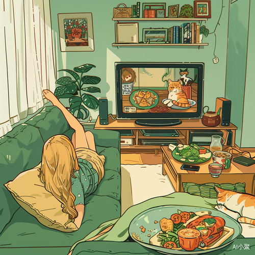 Cozy Anime Home with Girl and Cat in Hayao Miyazaki Style