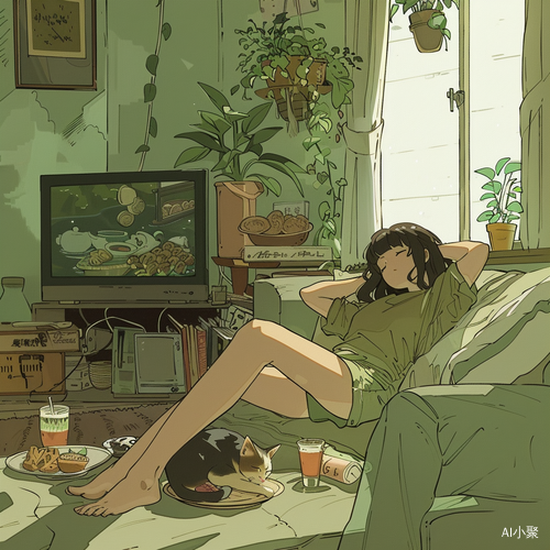 Cozy Anime Home with Girl and Cat in Hayao Miyazaki Style