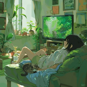 A girl lying on the sofa watching TV, with food and drinks next to her. There is an anime style cartoon scene in the background of home decoration. A cat is sleeping beside her. The scene is in the style of Hayao Miyazaki anime, with high definition details and delicate colors. The light green living room provides a green background, with green skirt v 5.2  ar 3:4 s 25