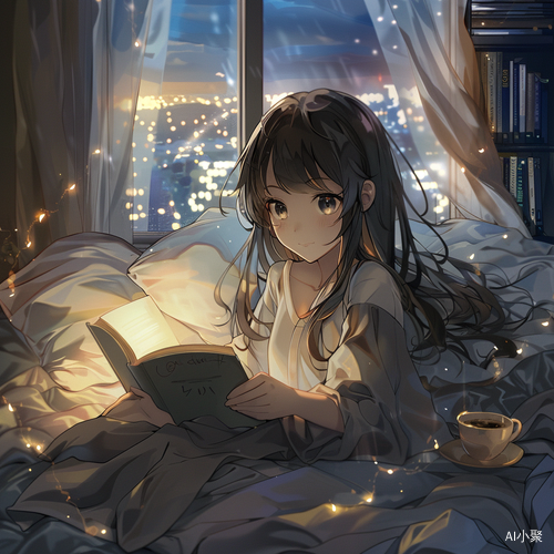 Anime Girl Reading in Bed at Night