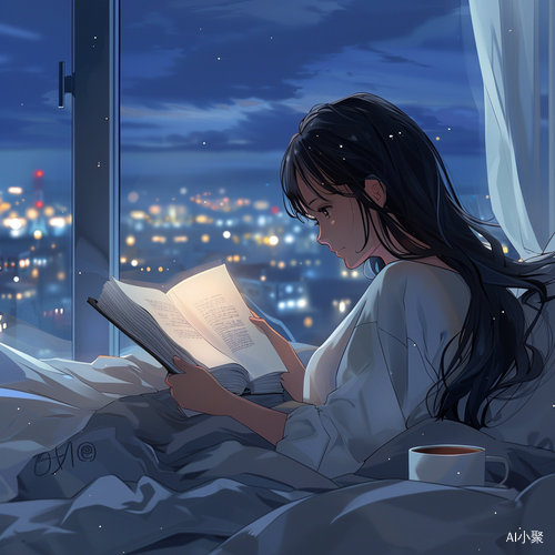 Anime Girl Reading in Bed at Night