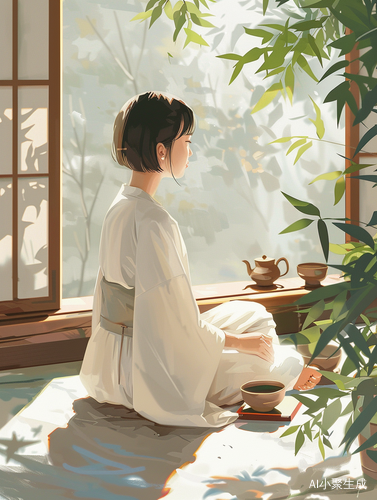 阳光下的白衣短发少妇喝茶