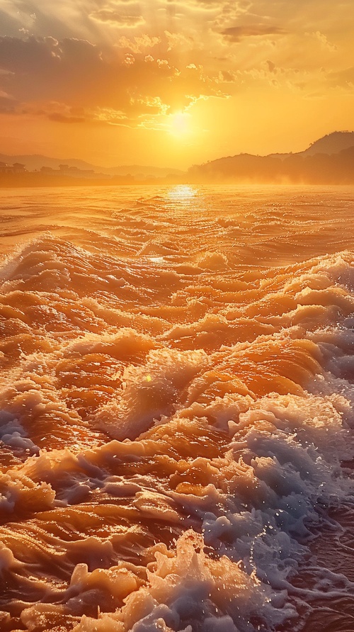 黄河波澜壮阔，水势汹涌，流向远方的大海，河面泛起层层波光，映照着夕阳的余晖。