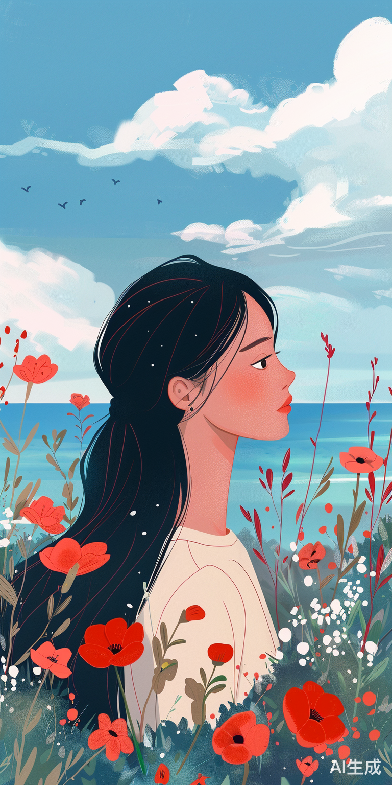 清新夏日美少女在花海中远眺