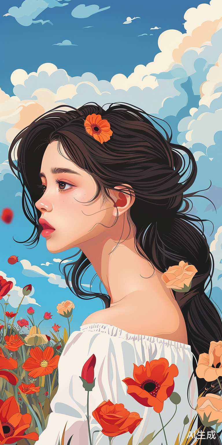 清新夏日美少女在花海中远眺