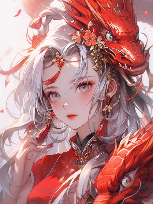 an,anime,girl,and,dragon,hair,in,red,colord,clothing,with,a,flower,headdress,in,the,style,of,zhang,jingna,faces,trick,of,the,eye,paintings,emphasis,on,facial,expression,Indian,scenes,ar,16：20