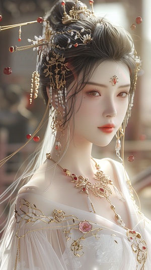 Ancient costume beautiful woman in the style of Chinese style, gold jewelry earrings and necklace with long hair in an updo hairstyle, white dress decorated with red flowers, exquisite facial features, bright eyes, perfect face details, perfect figure, delicate skin texture, red lips, blurred background of a Chinese palace hall, fairyland atmosphere, anime illustration style, high definition photography, super detailed.