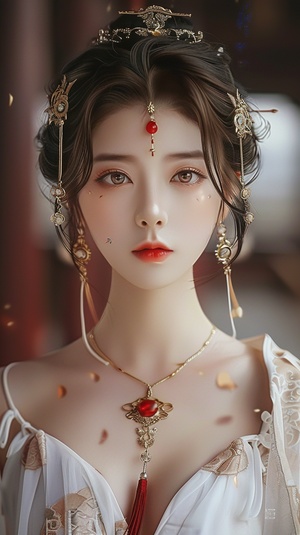 Ancient costume beautiful woman in the style of Chinese style, gold jewelry earrings and necklace with long hair in an updo hairstyle, white dress decorated with red flowers, exquisite facial features, bright eyes, perfect face details, perfect figure, delicate skin texture, red lips, blurred background of a Chinese palace hall, fairyland atmosphere, anime illustration style, high definition photography, super detailed.