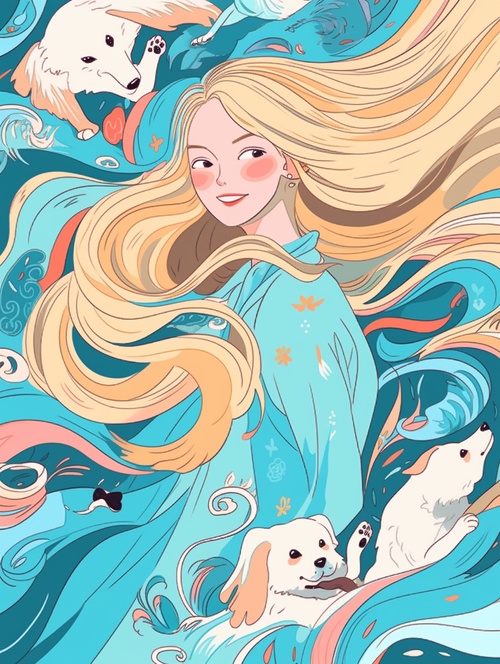 Animal wallpaper of a beautiful woman with long blonde hair,In the style of joyful and optimistic,with lo-fi aesthetics,in a sky-blue style,featuring playful expression and depicting everyday life with curvilinear detaila,incorporating elements of gongbi,a traditional chinese painting technique