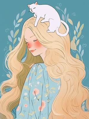 Animal wallpaper of a beautiful woman with long blonde hair,In the style of joyful and optimistic,with lo-fi aesthetics,in a sky-blue style,featuring playful expression and depicting everyday life with curvilinear detaila,incorporating elements of gongbi,a traditional chinese painting technique