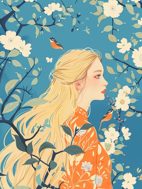 Animal wallpaper of a beautiful woman with long blonde hair,In the style of joyful and optimistic,with lo-fi aesthetics,in a sky-blue style,featuring playful expression and depicting everyday life with curvilinear detaila,incorporating elements of gongbi,a traditional chinese painting technique