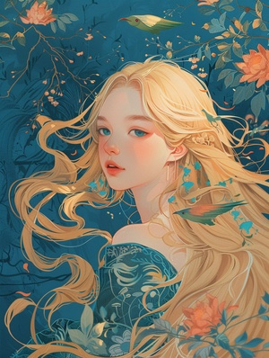 Animal wallpaper of a beautiful woman with long blonde hair,In the style of joyful and optimistic,with lo-fi aesthetics,in a sky-blue style,featuring playful expression and depicting everyday life with curvilinear detaila,incorporating elements of gongbi,a traditional chinese painting technique