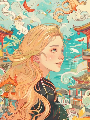 Animal wallpaper of a beautiful woman with long blonde hair,In the style of joyful and optimistic,with lo-fi aesthetics,in a sky-blue style,featuring playful expression and depicting everyday life with curvilinear detaila,incorporating elements of gongbi,a traditional chinese painting technique