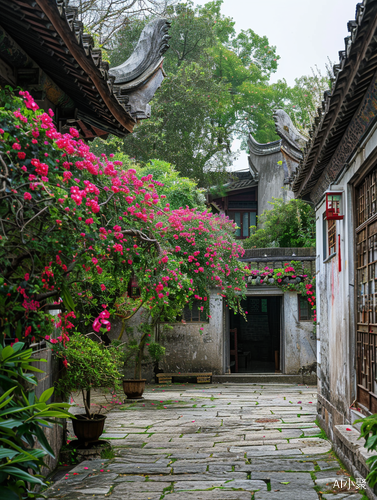 古代建筑小径边，黄四娘家花繁盛开