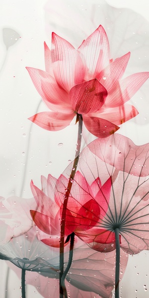 Close-up X-ray, translucence minimalist h in simple white background full of water drops, Lotus flower and lotus leaf, frosted glass blur covered, multiple exposures, macro photography, soft red, photography by william fang, shot on Hasselblad x2d