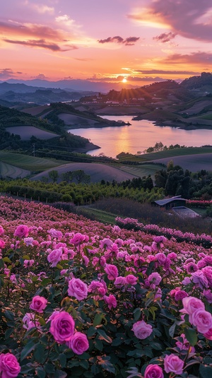 In the ultra-wide-angle view, a boundless sea of pink roses stretches to the sky, forming a beautiful contrast with the distant green hills and quiet lakes. The soft afterglow of the setting sun touched the lake, silhouetting the hills and trees. The sunset dyed the sky drunk, orange and purple intertwined, giving the distant mountains and trees a dreamlike gradient color. A small house stood in the middle of a field, adding to the quiet charm of the country. Under the 8K HD lens, every delicate texture and