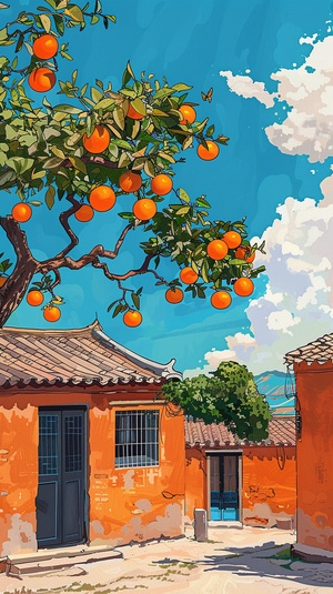 In the style of Japanese anime, imagine an orange tree with vibrant oranges hanging from its branches in front of two simple adobe houses under a blue sky with white clouds. The scene captures a traditional Mexican village setting, showcasing rural life and natural beauty. This artwork was created using digital painting techniques on paper, blending realism with cartoon-like elements to create a visually appealing composition. 超高清画质