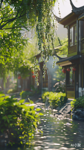 柳絮飘飞的小溪边风景