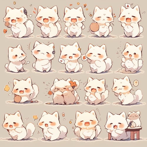 Two little cat, white, fat, furry, full bodypicture, chibi, 9 poses and expressions,emoticons[Dizzy, happy, angry, crying, sad,cute, expecting, laughing, disappointed andshy, sleepy, eating, dizzy, expressing love,etc.], Line art, Sticker art,