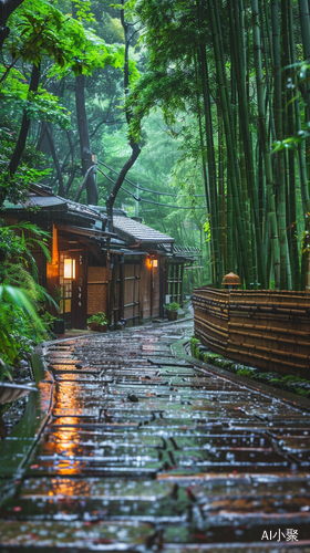 雨天中的竹林小木屋