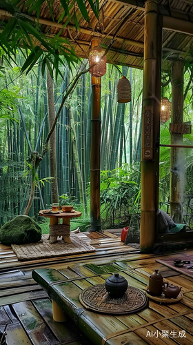 竹林竹屋听雨喝茶自然安全感
