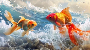 A golden fish and a red fish playing in the waves, realistic stylize 750