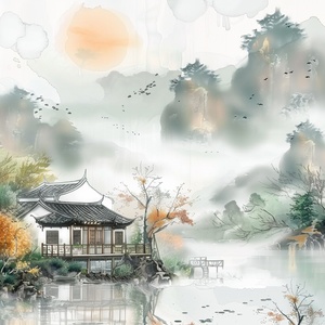 山水如画的美，白云飘逸，阳光洒向山间，泉水流敞，绝美的风景，草屋伫立，旅游的好地方。