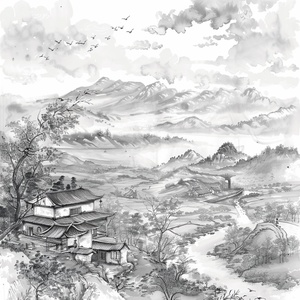 山水如画的美，白云飘逸，阳光洒向山间，泉水流敞，绝美的风景，草屋伫立，旅游的好地方。