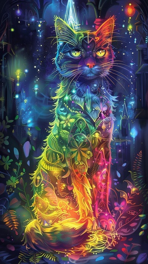 A rainbow cat with fur in all the colors of the rainbow stands before a crystal palace that shimmers with mystical light. Exotic plants surround the palace, their leaves and petals glowing softly in the enchanting atmosphere.