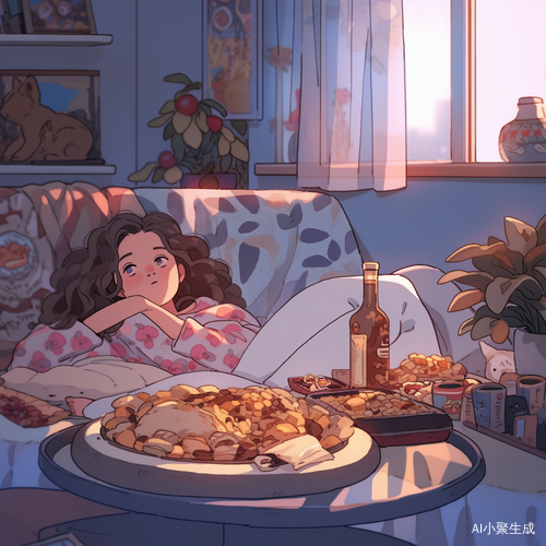 夜晚温馨插画：甜美女生家里看电视