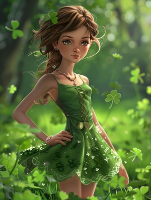 cartoon girl in a green dress with shamrocks and a tiable, a detailed drawing by Lü Ji, cgsociety, gothic art, cgsociety 9, background full of lucky clovers, cute! c4d