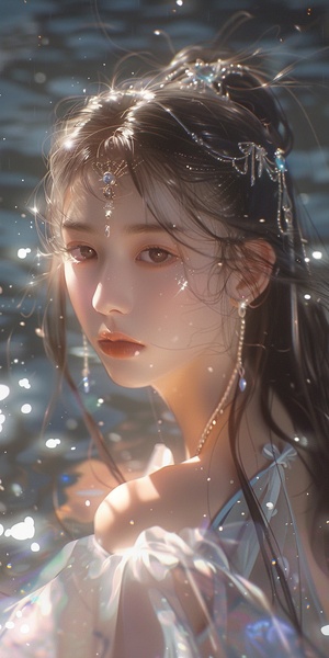 Chinese oil painting style, with a background of the sea and moonlight shining on it. Front view, upper body portrait, a beautiful Sailor Moon wearing a rainbow colored white dress with long hair draped over her shoulders,looking at the camera. The light passes through her, forming glowing stars that sparkle in front of them, creating dreamy and romantic scenes. She is wearing exquisite makeup, a pair of silver gray big eyes, with moon marks on her forehead, and she is wearing earrings made of crystal glass