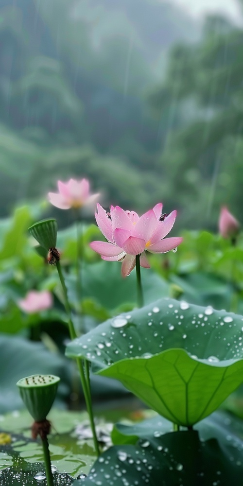 雨后，远景一颗绿色的植物，背景模糊，近景，河岸边长满了绿色的青苔和几颗荷花花朵，荷花粉色的花苞和绿色的荷叶，还有绿色的小草，