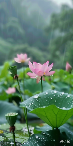 雨后青苔河岸，荷花花朵绿叶悦目景色