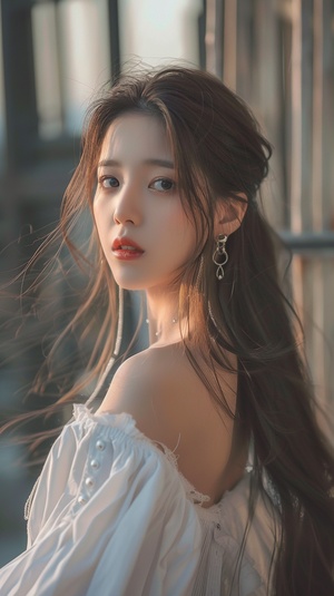 a woman with long hair wearing a white top and earrings, beautiful south korean woman, young adorable korean face, beautiful aesthetic face, wan adorable korean face, korean girl, popular korean makeup, gorgeous young korean woman, popular south korean makeup, beautiful young korean woman, with cute - fine - face, girl cute-fine-face, attractive female face!!!, lovely delicate face