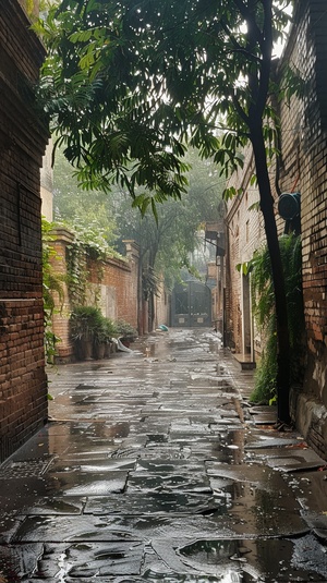 雨天，安静的小巷子，没有一个人，清新的空气，很治愈