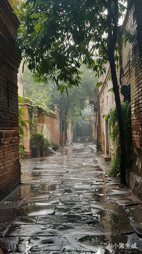 雨天小巷子中的宁静治愈