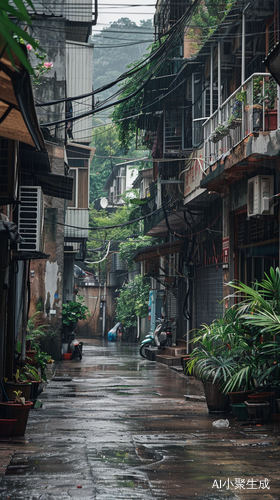 雨天小巷子中的宁静治愈