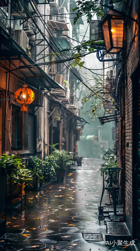 雨天小巷子中的宁静治愈