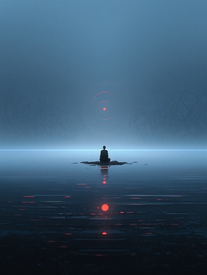 a man is sitting in the depths of a body of water,in the style of Nathan with,minimalistic symmetry,liu ye,soothing landscapes,sense of awe,Phil koch,black and white imagery ar 3:4