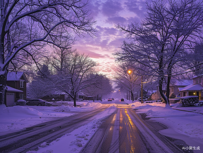 紫色极光下的雪后街景治愈景观