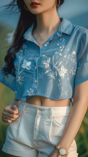 a close up of a woman wearing a blue shirt and white shorts, blue shirt, blue tight tshirt, short sleeves, wearing a light blue shirt, sky blue, pale blue, light blue, light-blue, dark blue shirt, shirt, fancy top, butterfly embroidery, embroidered shirt, 2 0 2 0 fashion, wearing a cute top, wearing in shirt, blue clothes