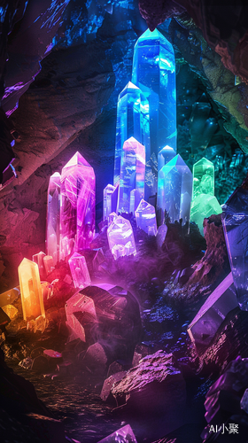 Rainbow Colors of Glowing Crystals in Realistic Cave