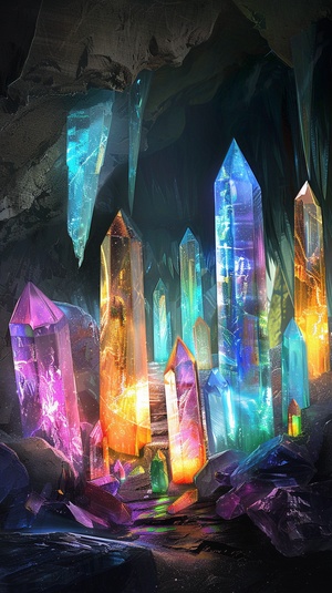 batch of crystals, in cave, crystal glowing in the dark, different colors, rainbow colors, realistic